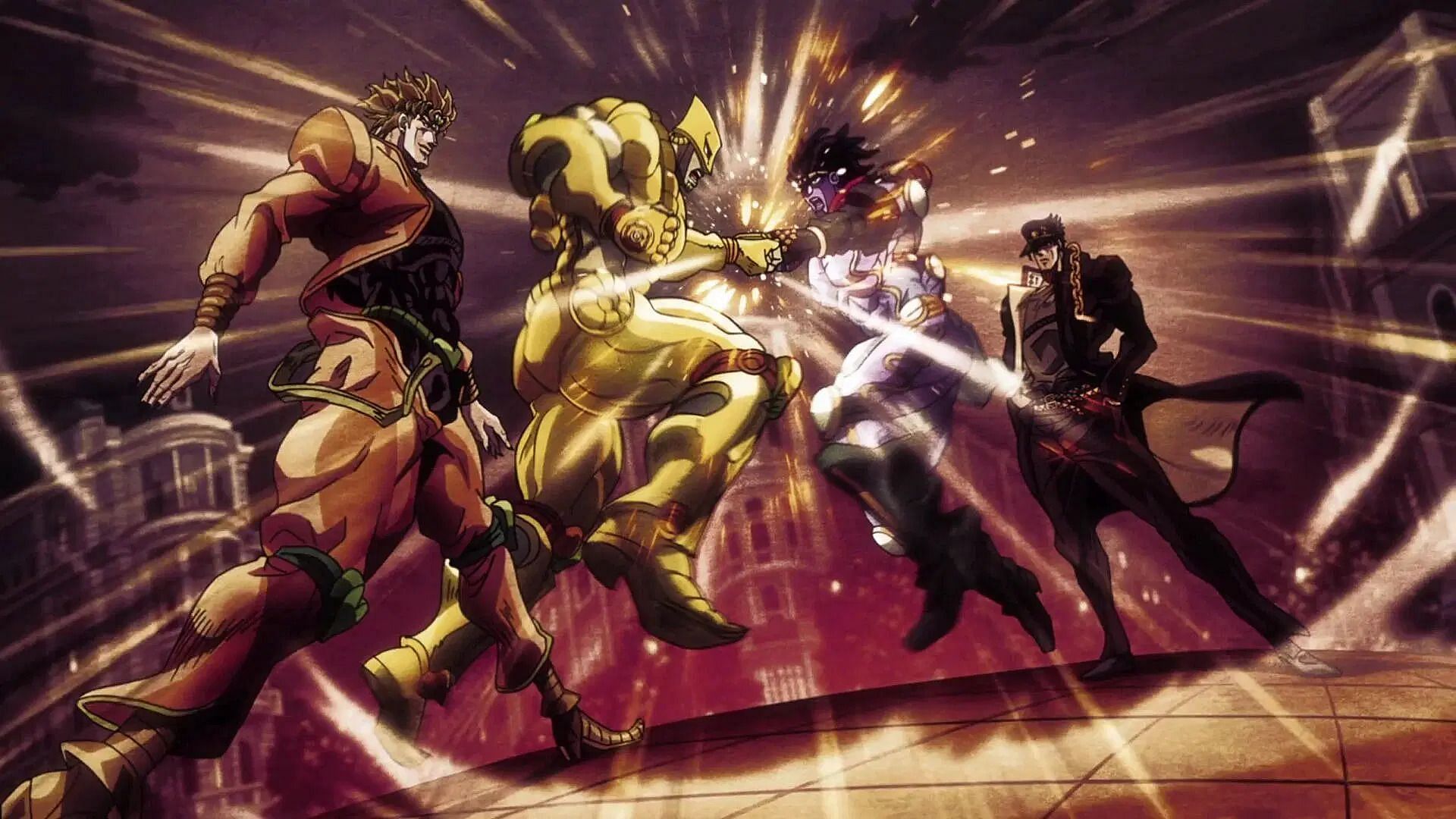 Dio and Jotaro fighting in the anime (Image via David Production).